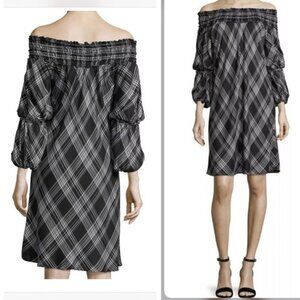 Max Studio NEW Smocked Check Offshoulder Plaid Dress Puff Sleeves Tunic A-Line M